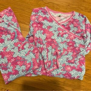 Garnet Hill Asian Wrap Pink and Blue Floral Pajama Set